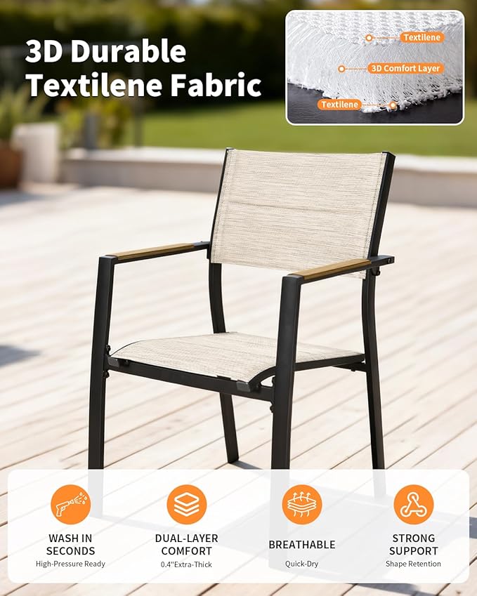 5 Pieces Expandable Patio Dining Set, Never-Rust Aluminum Outdoor Dining Table Set, 32"-65" Extendable Dining Table and Stackable Textilene Dining Chairs for Garden, Deck, Indoor, Teak