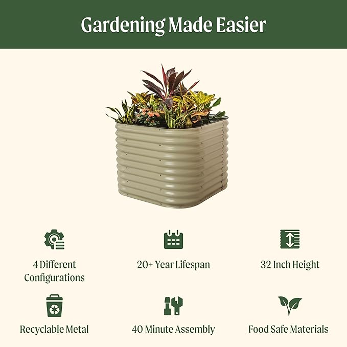 32" Extra Tall Raised Garden Bed Kits, 3.5 x 3.5 x 2.7ft Raised Planter Box Outdoor, 2 x 5 x 2.7ft Deep Root 4 in 1 Modular Metal Raised Beds for Gardening Vegetables Flowers Fruits - Olive Green