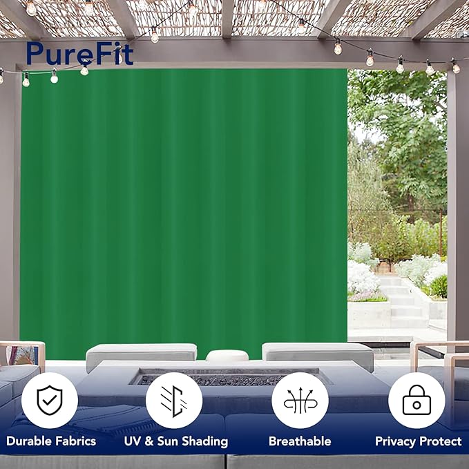 PureFit Outdoor Curtains for Patio Waterproof Weatherproof, UV Resistant Outside Curtains for Gazebo, Front Porch, Pergola, Sun Blocking Privacy Curtain, 100W x 108L inch, 1 Panel, Green
