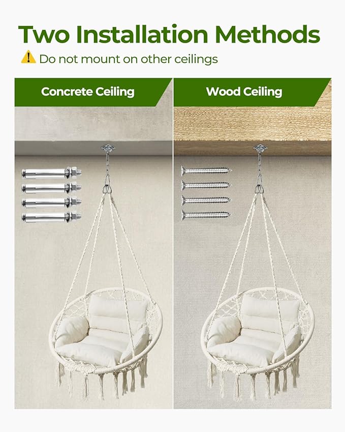 Greenstell Hammock Chair, Macrame Swing Chair with Comfy Cushion, Boho Hanging Chair for Outdoor & Indoor, Perfect for Bedroom, Patio, Balcony, Hold up to 350Lbs, Beige