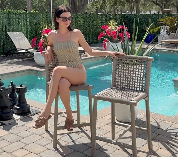 PURPLE LEAF Counter Height Stools Set of 2 with Back Aluminum Patio Bar Stools for Pool Lawn Kitchen All Weather Wicker Outdoor Bar Chairs Champagne
