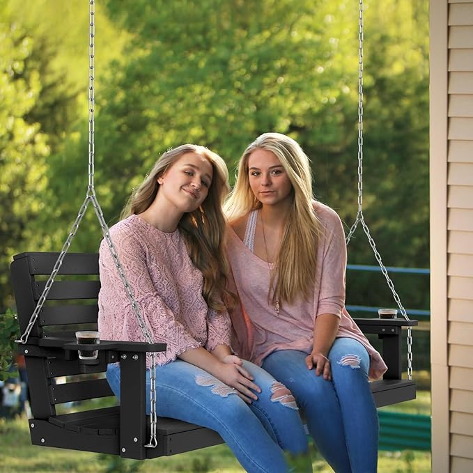 Plawdlik Porch Swings,2 Seat Patio Chair with Two Cup Holders,HDPE Waterproof Bench for Courtyard-Black