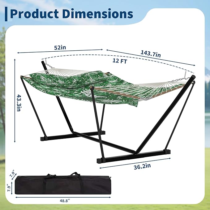 Portable 2 Person Double Hammock with Sturdy Heavy-Duty Steel Stand – 450LBS Max Load, Quick & Effortless Assembly, Perfect for Indoor Living, Yard, Patio & Camping Trips