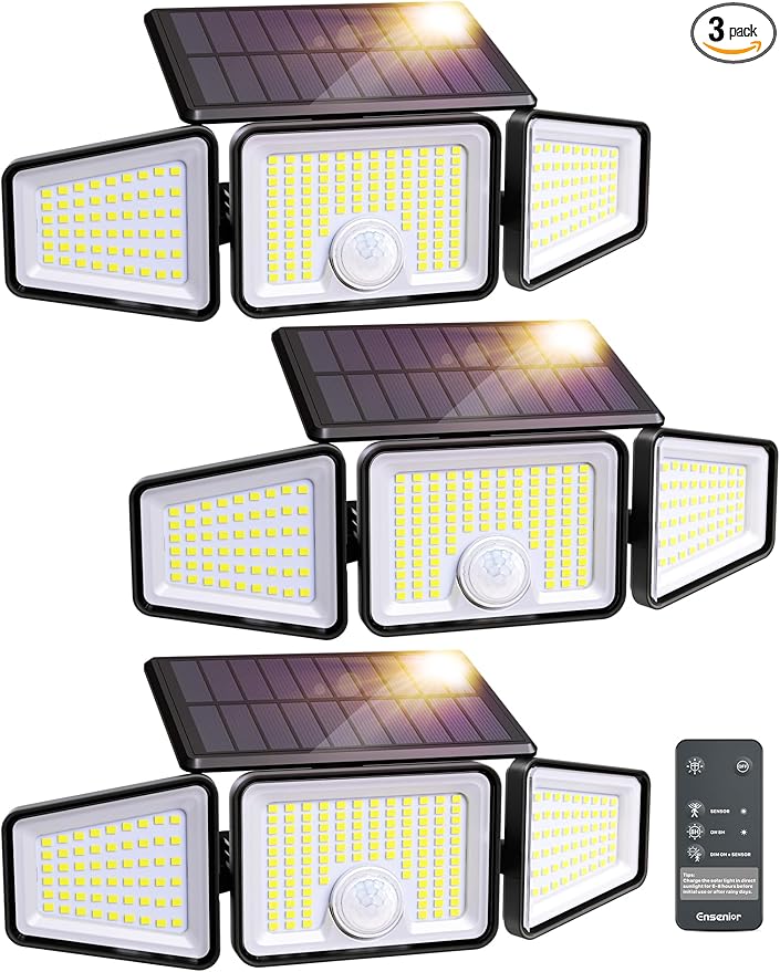 Ensenior Solar Lights Outdoor Motion Sensor, 2600LM 220 LED High Brightness, 3 Head 270° Wide Angle Flood Lights, Remote Control Security Lights 4 Modes, IP65 Waterproof Wireless Wall Light, 3 Pack