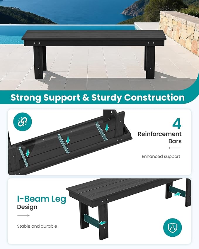 SERWALL 2-Person Outdoor Bench Backless, HDPE Outdoor Benches Weatherproof, 700 Lbs Weight Capacity, Poly Lumber Patio Furniture for Garden, Porch and Park, Black, 2 Pack