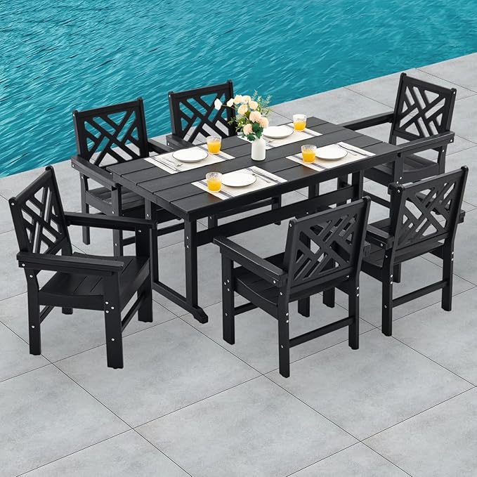 HDPE Dining Table Set for 6,7-Piece Outdoor Table and Chairs Include 6 Dining Chairs and 62.5" Patio Dining Table with Umbrella Hole (Black)