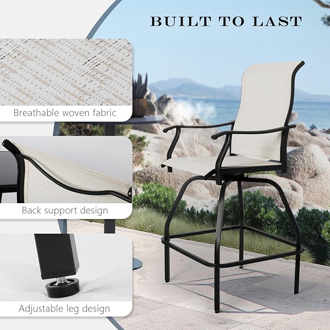 LEVELEVE Patio Bar Set 4pcs Swivel Bar Stools Outdoor Bistro Textilene Furniture Stability All-Weather Set (Beige Fabric)