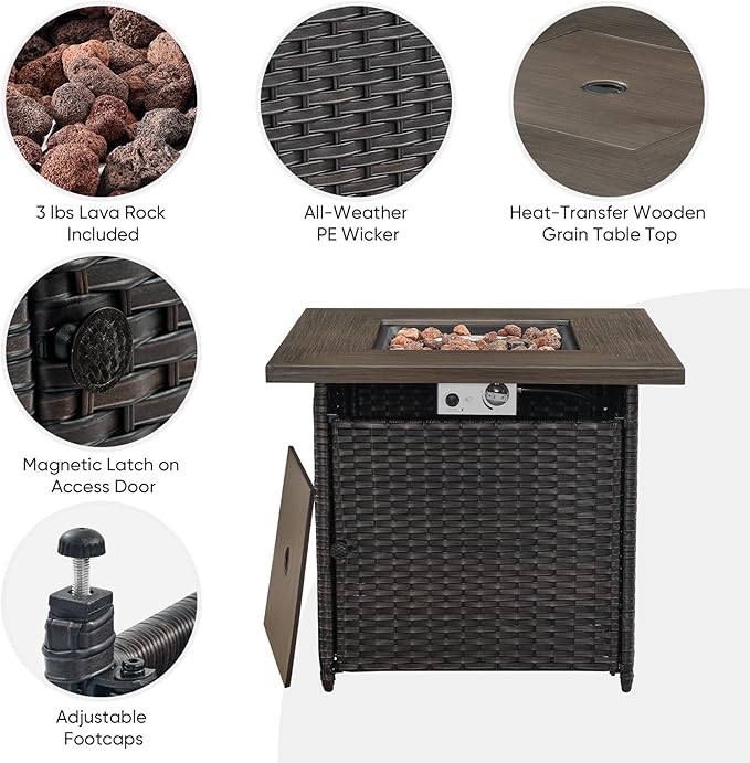 Belord 5 Pieces Wicker Patio Furniture Set: 4 Outdoor Club Chairs Patio Conversation Set with 50000BTU Propane Fire Pit Table, All Weather Grey Rattan Anti-Rust Frame, Brown Cushion