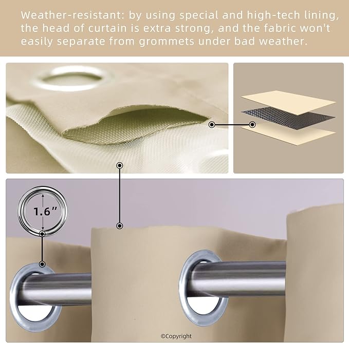 DIVA EN CAMINO DEC Waterproof Outdoor Curtain W105 x L95 - Grommet Top Sunlight Blocking Window Treatment Drapes Blackout Curtains for Home Bedroom Living Room Pergola Cabana Gazebo (Beige)