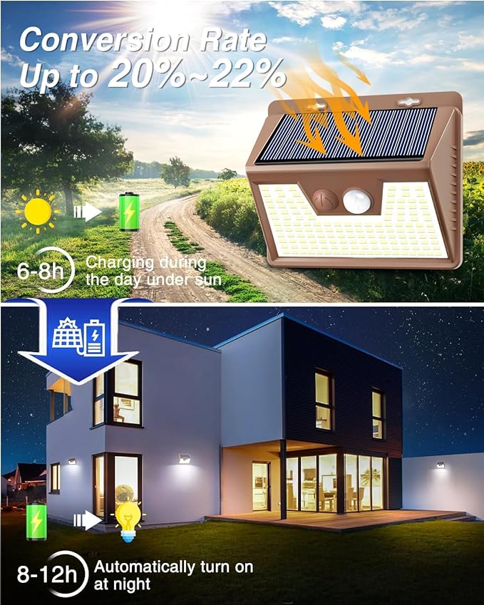 Peasur Solar Lights Outdoor Motion Sensor [1 Pack/140LED/Brown], Ultra-Bright 3 Mode Fence Security Light Waterproof, Solar Wall Lighting for Patio Yard Step House Outside