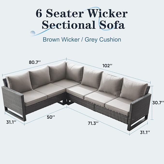 Belord Outdoor Sectional Sofa 6 Seater L Shaped Couch Wicker Patio Conversation Furniture Set Rattan Outdoor Furniture with Removable Washable Cushion, Brown/Grey