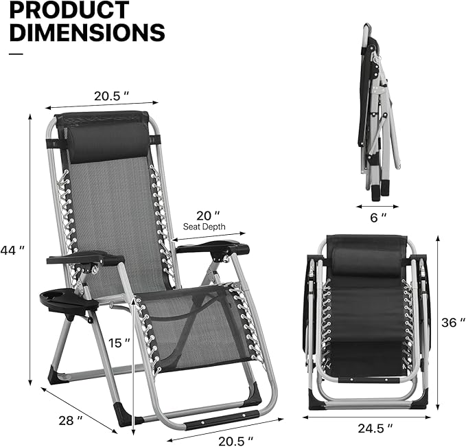 MoNiBloom Reinforced Zero Gravity Chair, Folding Pool Beach Lounger, Portable Tanning Chaise with Cushion, Headrest and Side Tray, 330lbs Capacity - Black