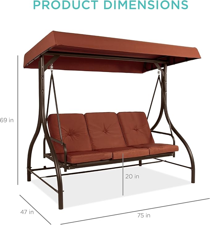 Best Choice Products 3-Seat Outdoor Large Converting Canopy Swing Glider, Patio Hammock Lounge Chair for Porch, Backyard w/Flatbed, Adjustable Shade, Removable Cushions - Dark Rust