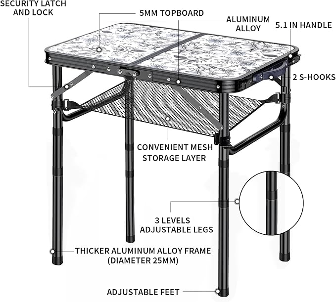 Outdoor Side Table, Portable 3 Adjustable Height Small Outdoor Folding Table, Aluminum Foldable Patio Side Tables for Outside Indoor, Plant Stand Coffee End Table for Pool, Porch,Garden, Balcony