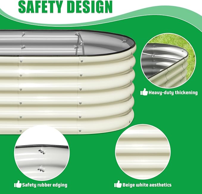 SnugNiture 4x2x1.5ft Raised Garden Bed Outdoor, 17" Tall Galvanized Metal Planter Box, Oval Raised Garden Bed Kit for Planting Vegetables Plants Fruits, Beige White