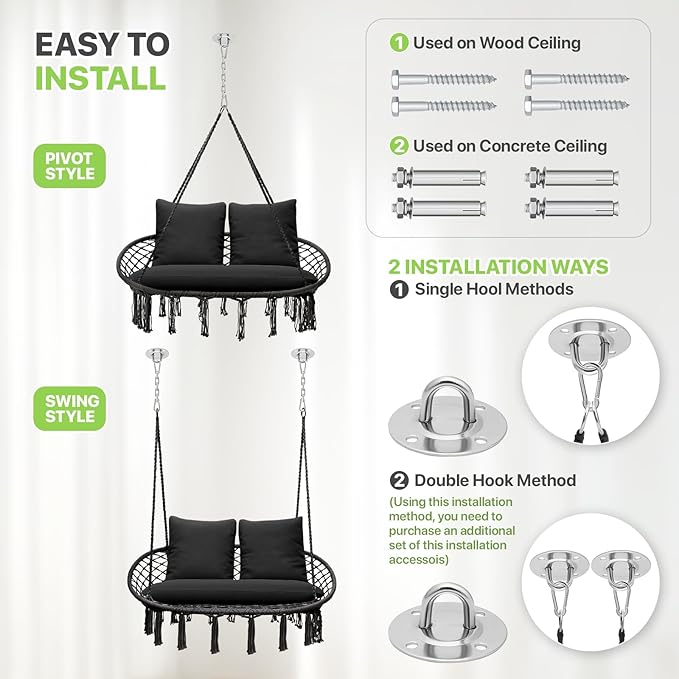 Magshion Double Hammock Swing Chair with 3 Cushions, 700 lbs Capacity, Macrame Hanging Bench for Indoor & Outdoor Use, Cotton Woven Mesh Porch Hanging Rope Swing, Black