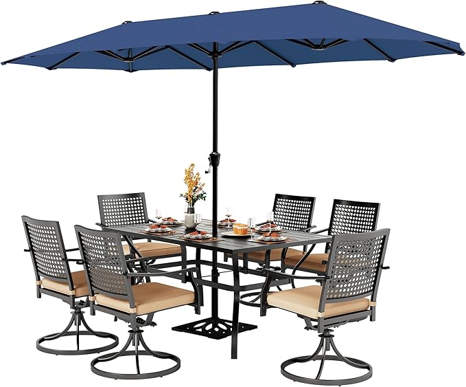 PHI VILLA 7 Pieces Outdoor Dining Set for 6 with Umbrella, 60" Long Metal Table & Swivel Iron Chairs with Cushions & 13ft Blue Umbrella, Modern Steel Furniture Set for Patio, Deck, Yard, Porch