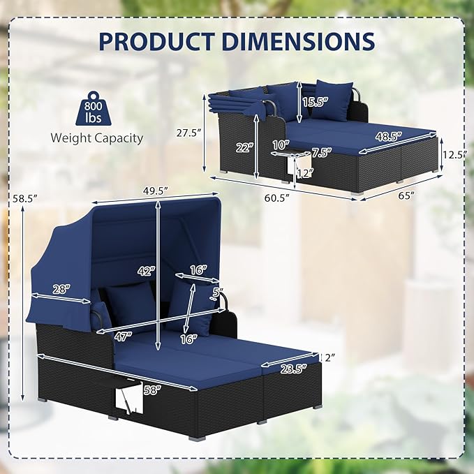 ORALNER Outdoor Daybed, 2-Person Wicker Patio Sofa with Retractable Canopy, Cushions & Pillows, 2 Side Trays, PE Rattan Sunbed Double Lounger for Deck Poolside Garden Balcony (Navy)