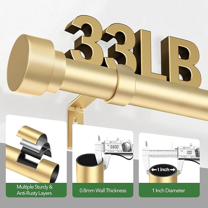 Time Forest Curtain Rods for Windows 28 to 48, 1 Inch Adjustable Gold Heavy Duty Long Window Curtain Rod for Bedoom Living Room, Modern Drapery Rods with Simple End Caps, Size 32"-60"