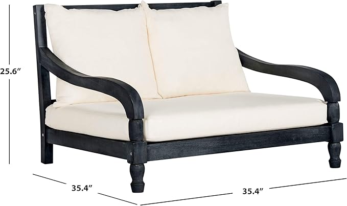 SAFAVIEH Outdoor Collection Pomona Dark Slate Grey Solid Wood/Beige Cushion Lounger Bench Sofa Loveseat (PAT6740K)