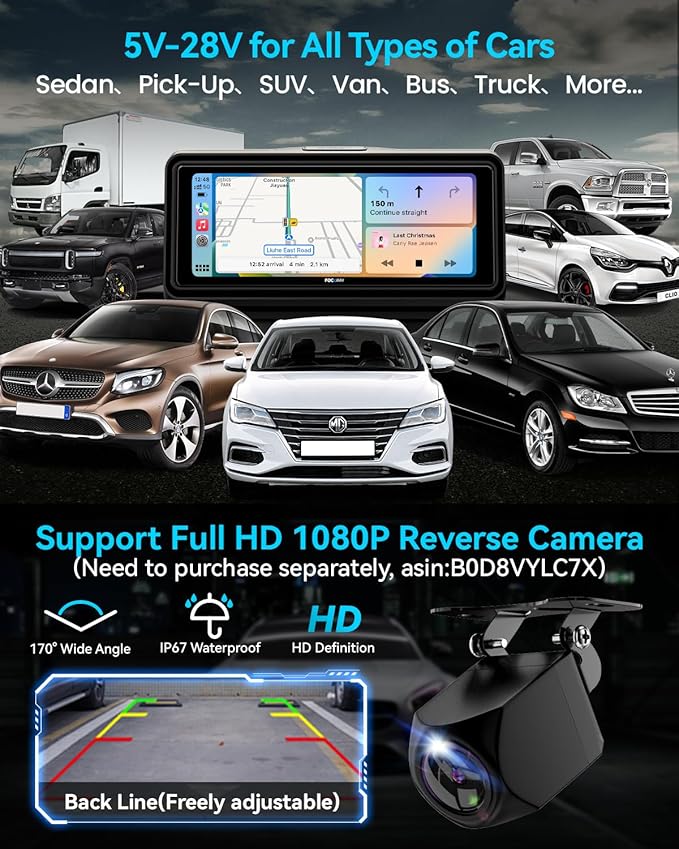 Portable Apple Carplay Screen for Car, Touch Screen with Wireless Android Auto, Car Audio Receivers with Voice Control, Mirror Link, Music Play, GPS Navigation, Built-in Customized Speakers (Black)
