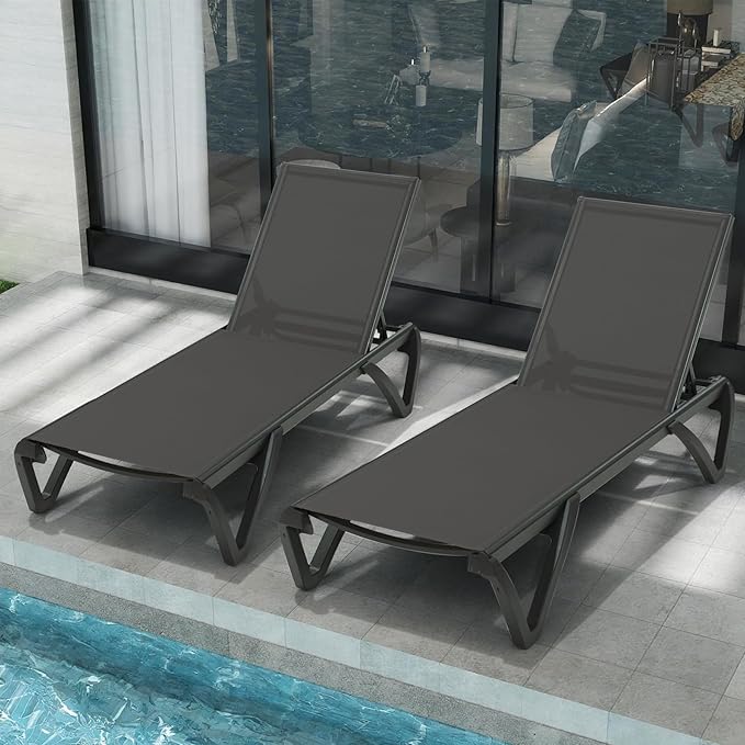 Domi Pool Lounge Chairs Set of 2, Aluminum Adjustable Outdoor Chaise Lounge with Wheels, All Weather Poolside Chairs for Deck Lawn Patio Backyard, Textilene - Dark Gray