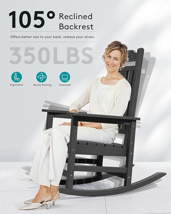 SERWALL Gray Outdoor Rocking Chair Set of 4, All Weather Patio Rocking Chair, HDPE Poly Rocking Chair for Adults, Heavy Duty Front Porch Rocker
