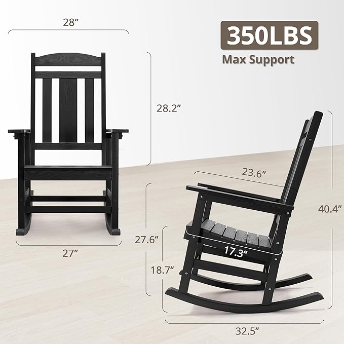 LUE BONA Outdoor Rocking Chairs Set of 4, Weather Resistant HDPS Poly Rocker Chairs, 350lb Heavy Duty, Oversized Porch Rocker for Adult, High Back Smooth Rocking Chairs for Outdoor & Indoor, Black
