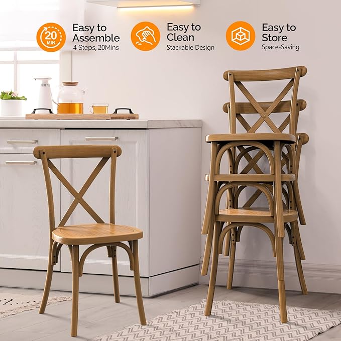 VINGLI Plastic Outdoor Dining Chairs Set of 4, Stackable Patio Farmhouse Brown Dining Chairs with X Back, Waterproof Kitchen & Dining Room Chairs for Indoor-Outdoor, Capacity 400 lbs