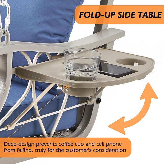 Heavy Duty 900 LBS Porch Swing Chair 3-Person Outdoor Rattan Patio Swing Lounge w/Cup-Holder & Steel Chains Wicker Hanging Bench Porch Swing Cushions for Deck & Backyard & Garden