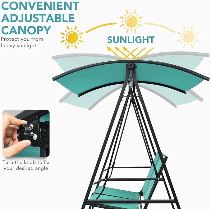 Tangkula 2-Person Patio Swing, Weather Resistant Porch Swing with Adjustable Canopy, Steel Frame, Outdoor Modern Canopy Swing with Handrails, Suitable for Porch Garden Poolside (Green)