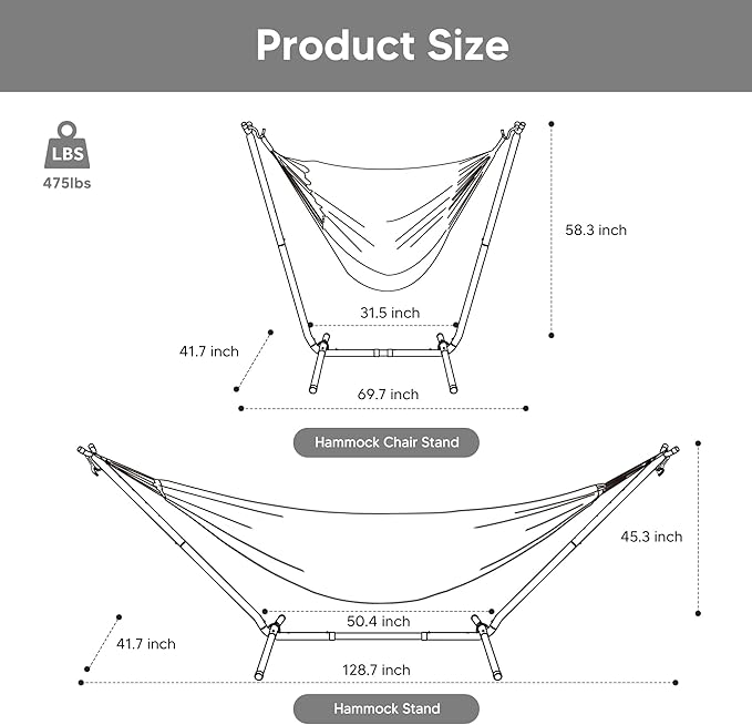 SUNCREAT 2-in-1 Convertible Extra Large Hammocks with Stand, Heavy Duty 2 Person Hammock for Outside with Stand, Patented, Light Gray