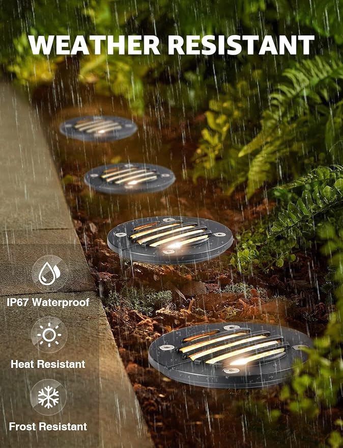 SUNVIE 12W Low Voltage Landscape Lighting with Connectors 1200LM Ultra Bright Well Lights Landscape LED In Ground Waterproof Outdoor Warm White Paver Lights for Garden Yard Driveway 12 Pack