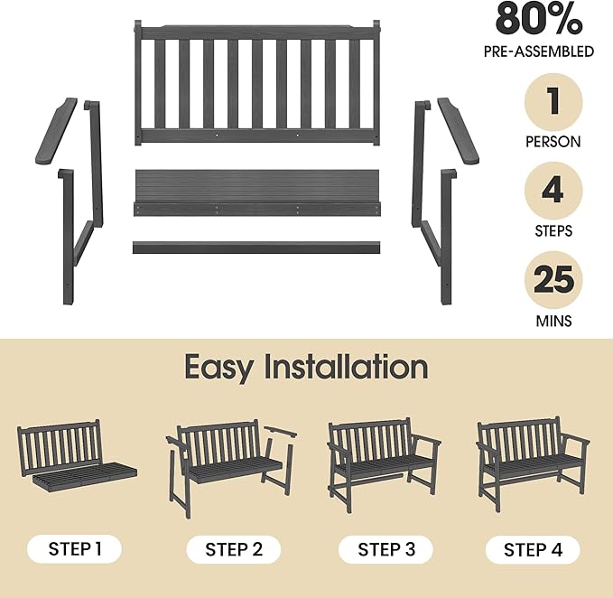 Ciokea 48" Outdoor Bench, HDPE Weatherproof Porch Bench, 2-Person Garden Benches with 550 Lbs, Waterproof Patio Benches for Outside Balcony Deck Backyard, Dark Grey