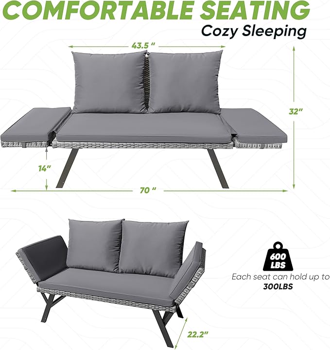 Greesum Outdoor Sofa, Woven Rattan Patio Furniture, Convertible Daybed or Double Chair with Adjustable Armrests, Cushions and Pillows for Yard, Porch, Pool, Gray Lounger & Blue Pillowcase