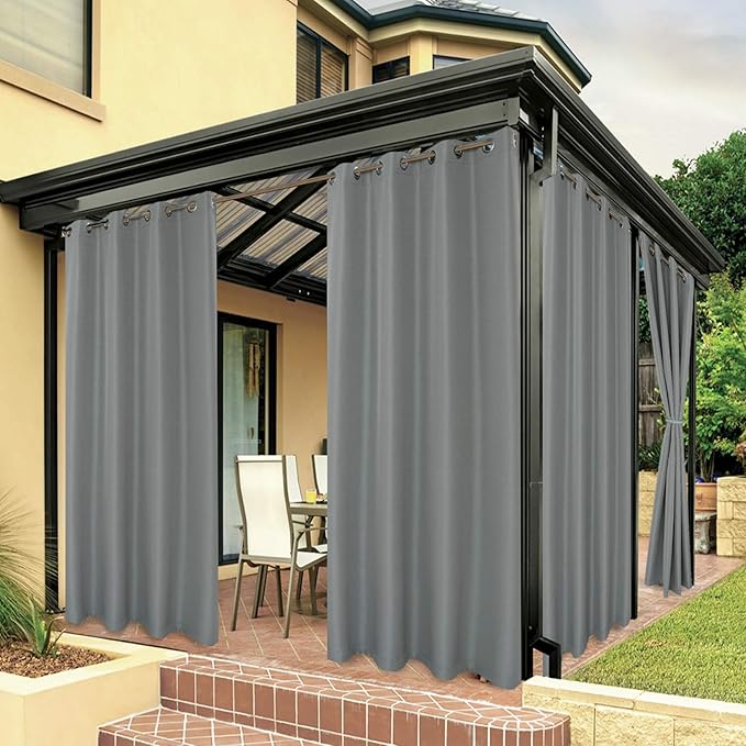 BONZER Waterproof Outdoor Curtains for Patio Porch Pergola Cabana Light Filtering Privacy Grommet Indoor Curtain Panels for Bedroom Living Room, 1 Panel, 84W x 95L inch, Grey
