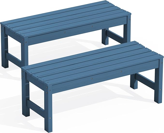 SERWALL 47 Inches Outdoor Bench Set of 2, All Weather HDPE Backless Bench with Wood Grain Texture for Garden Porch and Park, Curved Bench Seat for Comfort, Blue