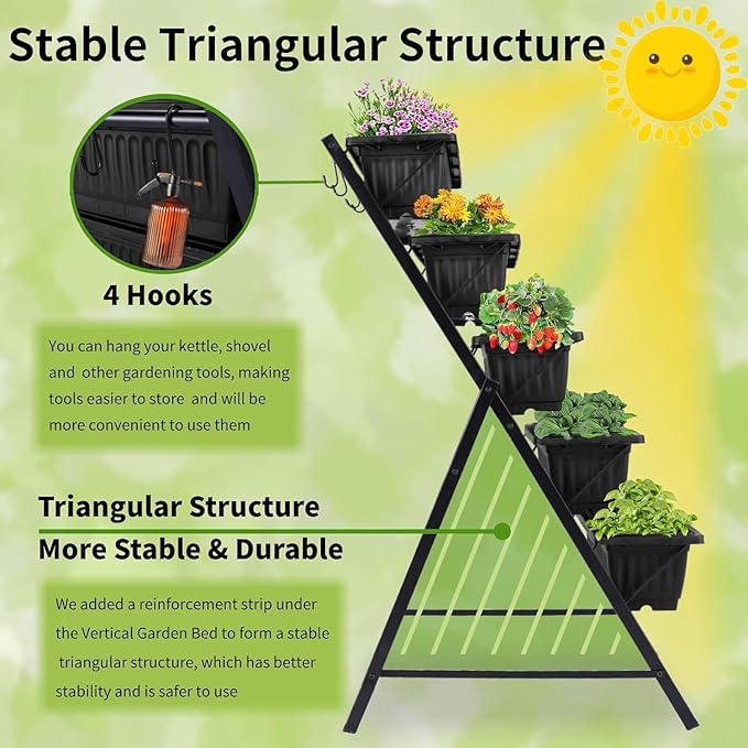 Homdox 2 Pack Vertical Garden Bed, 5 Tiers Vertical Raised Garden Planter, 23 * 26 * 45Inch Outdoor Garden Raised Bed with 4 Hooks, Vegetable Flower Planter Raised Stand for Garden Patio Yard, Black
