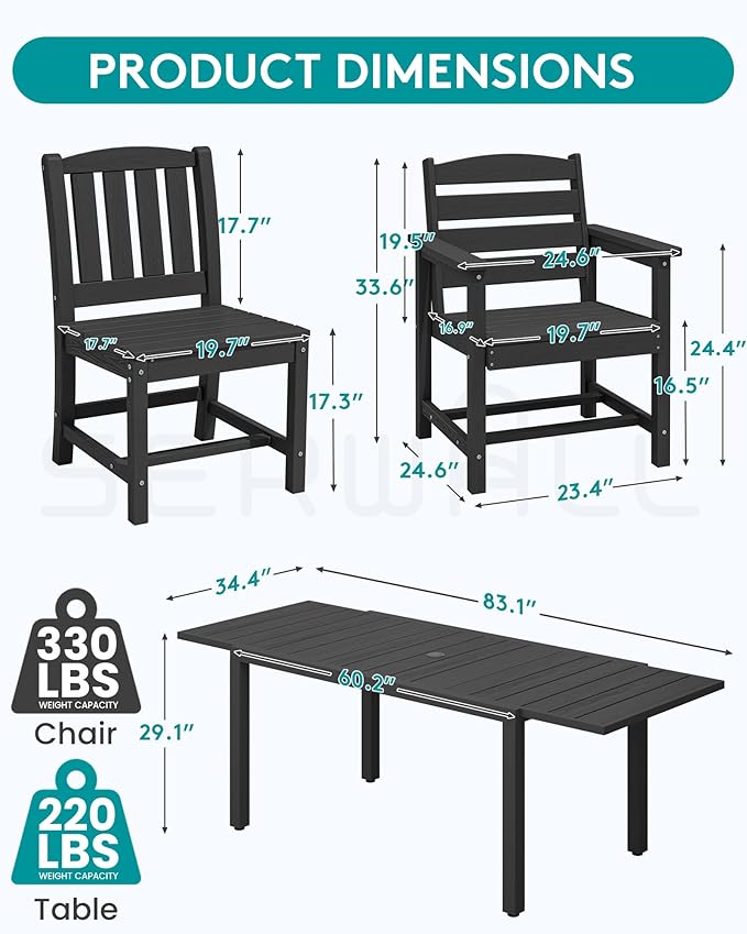 SERWALL 11-Piece Outdoor Dining Set, 60" - 83" Expandable Outdoor Dining Table and 10 HDPE Chairs, All Weather HDPE Outdoor Furniture Set for Backyard, Garden, Black