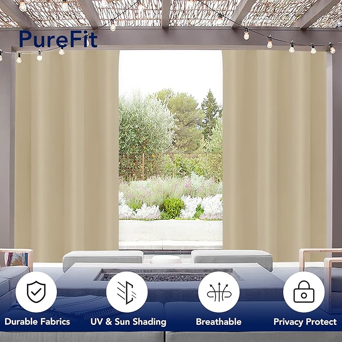 PureFit Outdoor Curtains for Patio Waterproof Weatherproof, UV Resistant Outside Curtains for Gazebo, Front Porch, Pergola, Sun Blocking Privacy Curtain, 52W x 120L inch, 1 Panel, Beige
