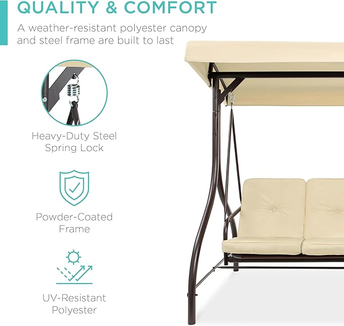 Best Choice Products 3-Seat Outdoor Large Converting Canopy Swing Glider, Patio Hammock Lounge Chair for Porch, Backyard w/Flatbed, Adjustable Shade, Removable Cushions - Ivory