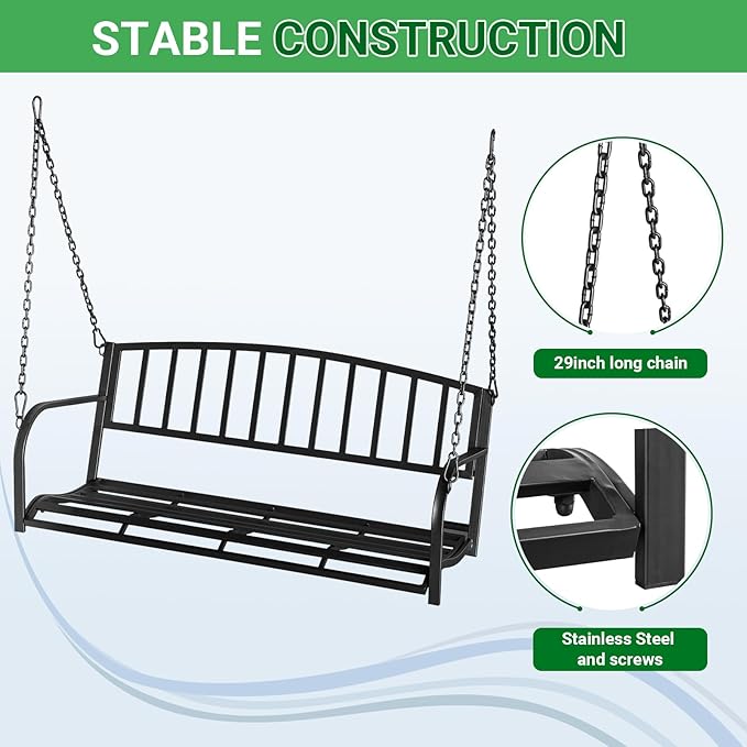 2-Person Metal Porch Swing, 47" Wide Outdoor Hanging Bench with Adjustable Chains, Heavy Duty 550LB Capacity, Perfect for Patio, Garden and Balcony