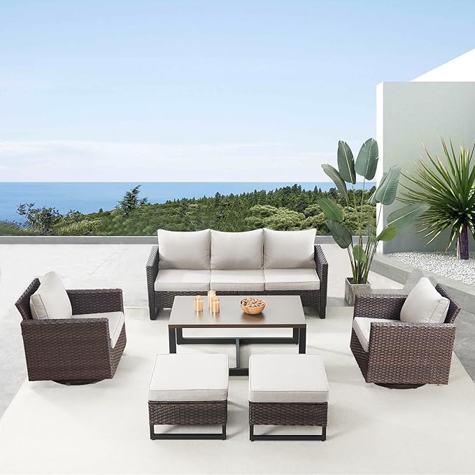 Belord 6 Piece Outdoor Furniture Patio Wicker Sofa Set, Oversize Outdoor Swivel Rocker Chairs with Rattan Ottomans, Conversation Sets Patio Furniture Come with Removable Washable