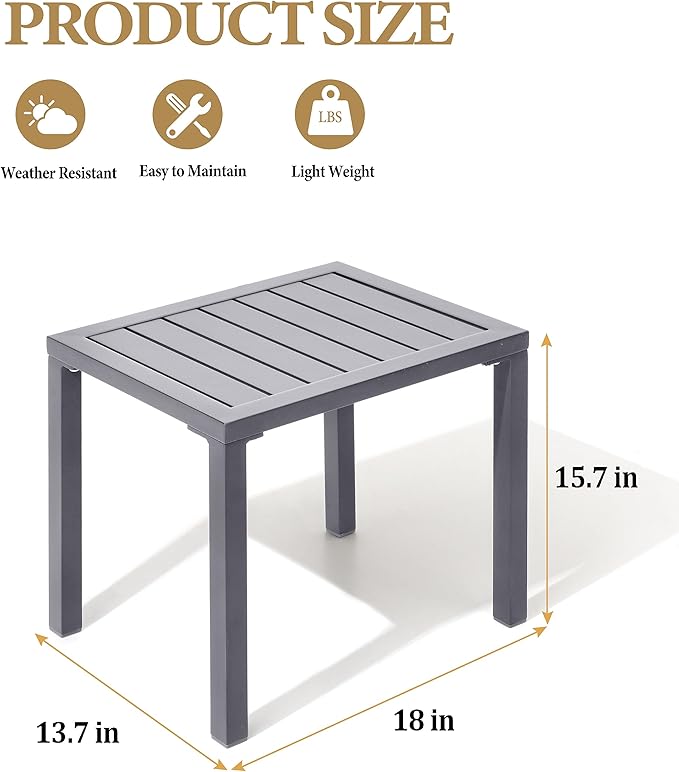 Crestlive Products Outdoor Side Table Set of 2, Aluminum Rectangular Side/End Table, Small Patio Coffee Bistro Table for Outdoor Indoor (Light Grey)