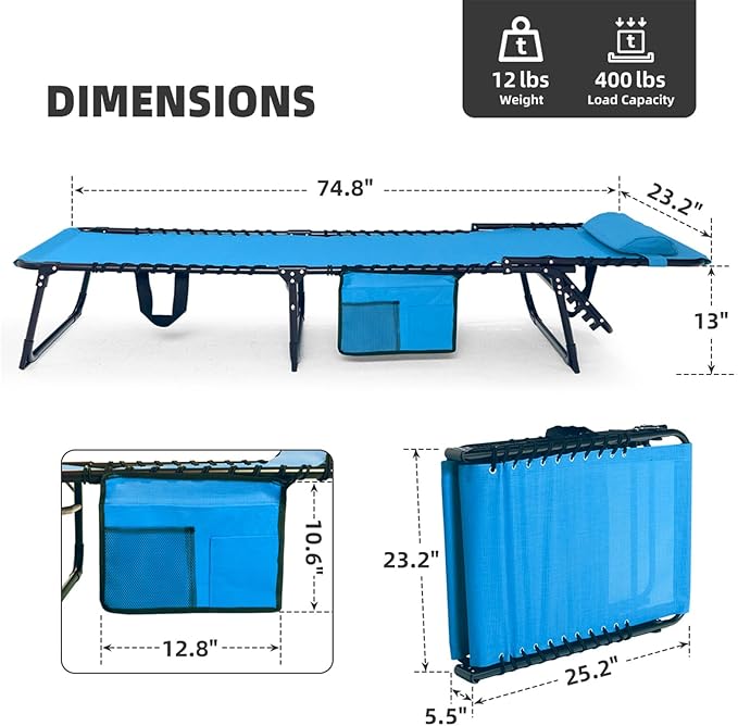 Folding Chaise Lounge Chair Bed - Heavy-Duty 400lb Capacity Portable Adjustable Recliner w/Pillow for Patio, Pool, Camping, Sunbathing - Lay Flat Design (Blue)