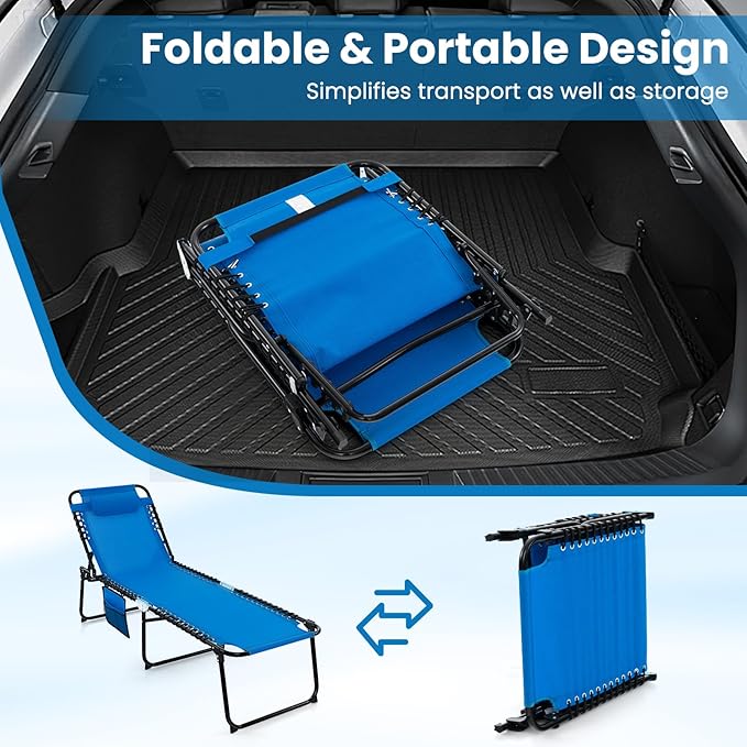 GYMAX Lounge Chairs for Outside, Extra High Folding Beach Tanning Lounger with Adjustable Backrest, Footrest & Removable Pillow, Sunbathing Lounge for Patio, Poolside (2, Navy with Pocket)
