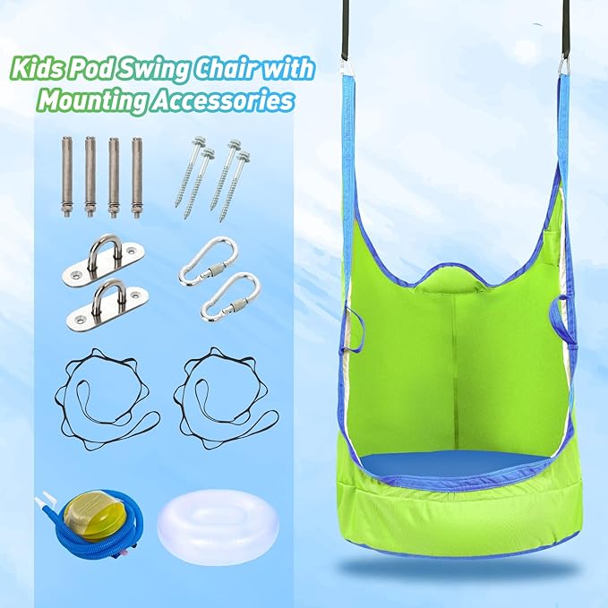 YAERSI Upgraded Kids Pod Swing Chair,Child Hanging Hammock Chair with Led Lights,900D Oxford Cloth Pod Swing Seat for Indoor and Outdoor with All Accessories (Green)