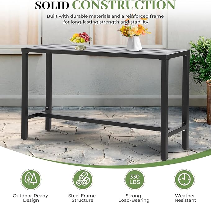 Outdoor Bar Table, Patio Counter Height Bar Table, 63" Rectangle Bar Table for Patio, Garden, Yard, Balcony, Poolside (Black, 63“)