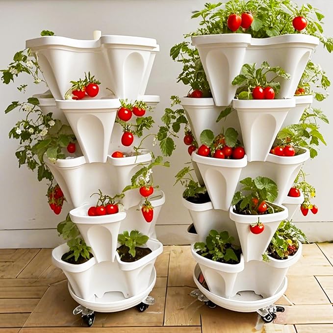 Strawberry Planters, 7 Tiered Vertical Stackable Planter, Herb Stacking Tower Garden, Flower Vegetable Planters with Support Pole, Indoor & Outdoor with Removable Wheels - White