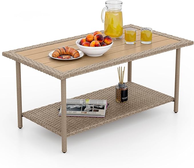 YITAHOME Outdoor Wicker Coffee Table with 2-Layer, 39.4" Rectangle Outside Side Table with Faux Wood Top, All-Weather Rattan Patio Bistro Table for Garden Backyard Porch - Brown